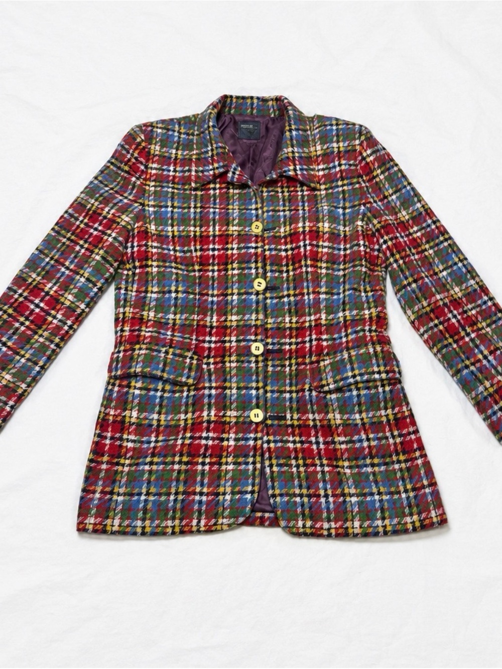 Vintage Liz Wear Colorful Plaid Tweed Blazer Jacket 80s 90s Multicolor Statement